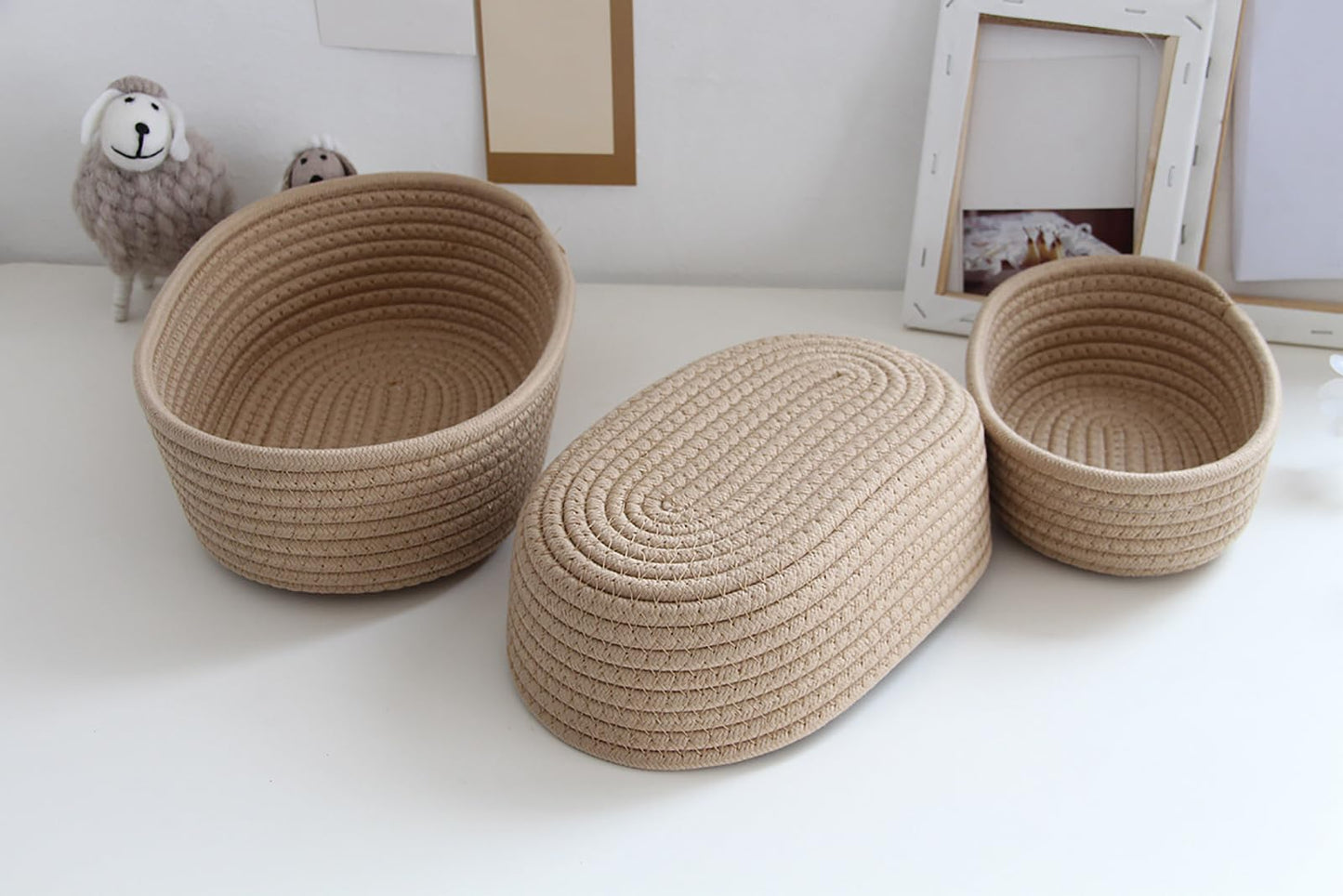 Small Woven Rope Storage Basket with Handles Spring Mini Oval Decorative Hampers for Empty Chest Box 3 Sizes(Khaki 12''L x 4"W x 7''H)