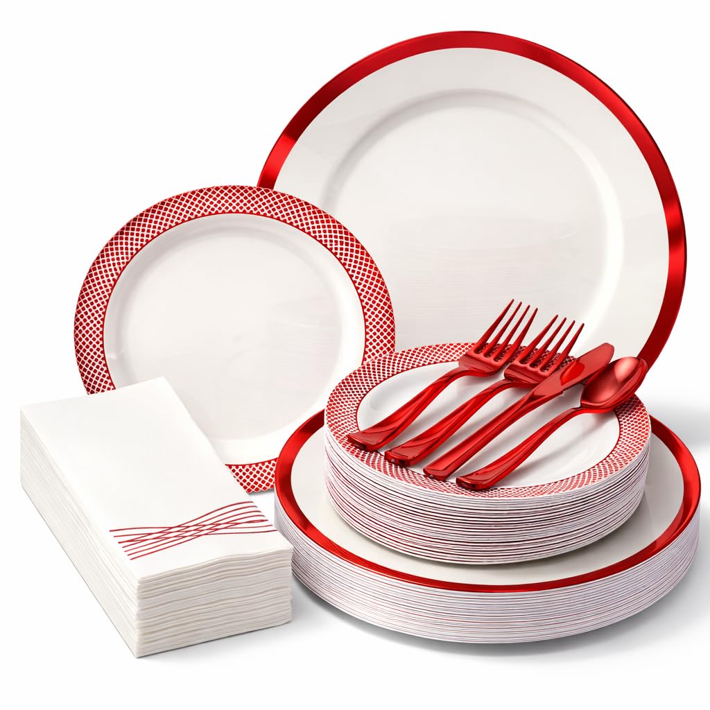By Madee HEAVYWEIGHT 175 Pc White and Red Disposable Dinnerware Set – Fancy Plastic Plates for Party, Wedding & Bridal Shower (Serves 25)