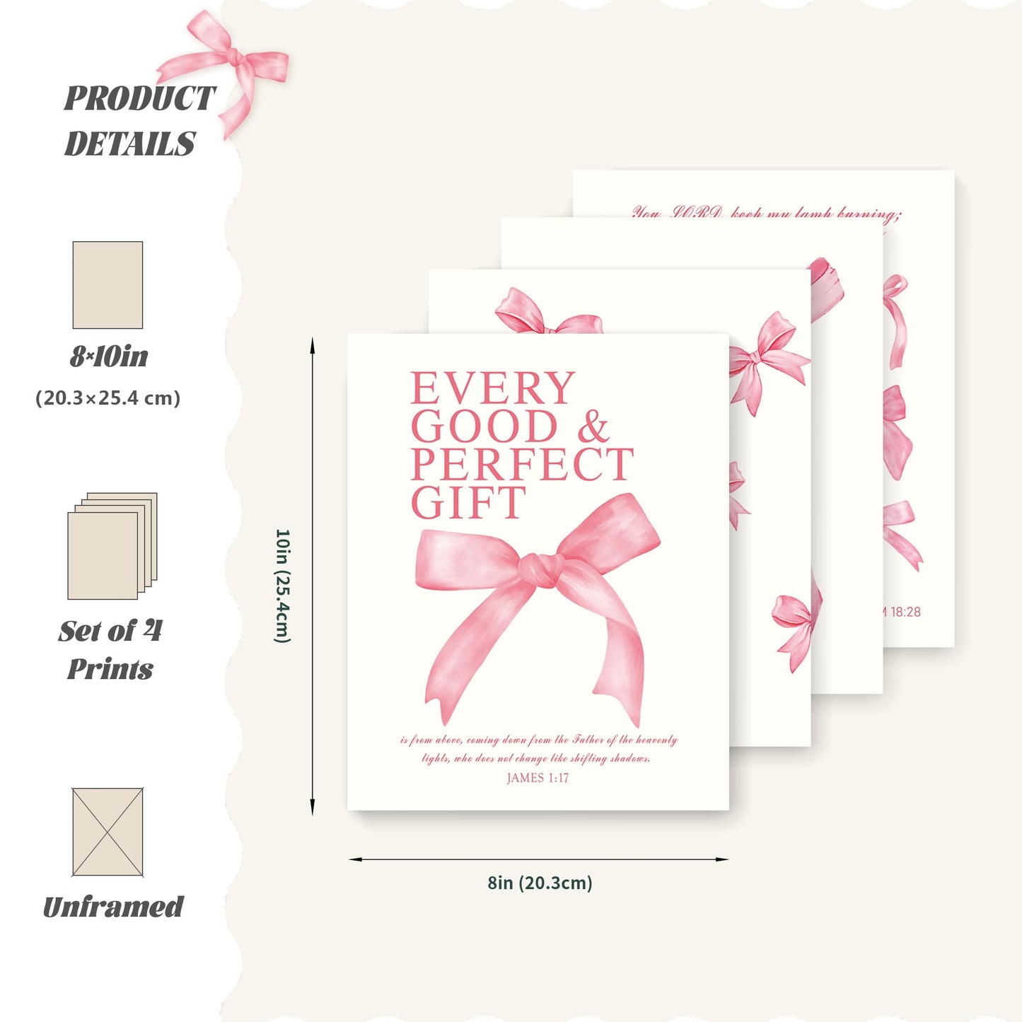LARTSFRO Coquette Pink Bow Christian Wall Art Decor Posters, Pink Bow Christian Bathroom Room Bedroom Dorm Wall Art Decor Aesthetic for College Teen Girls Gifts,Inspirational Bible Verses Bow Wall Decor, 10x8 Inch Set of 4 Bow Pictures(UNFRAMED)