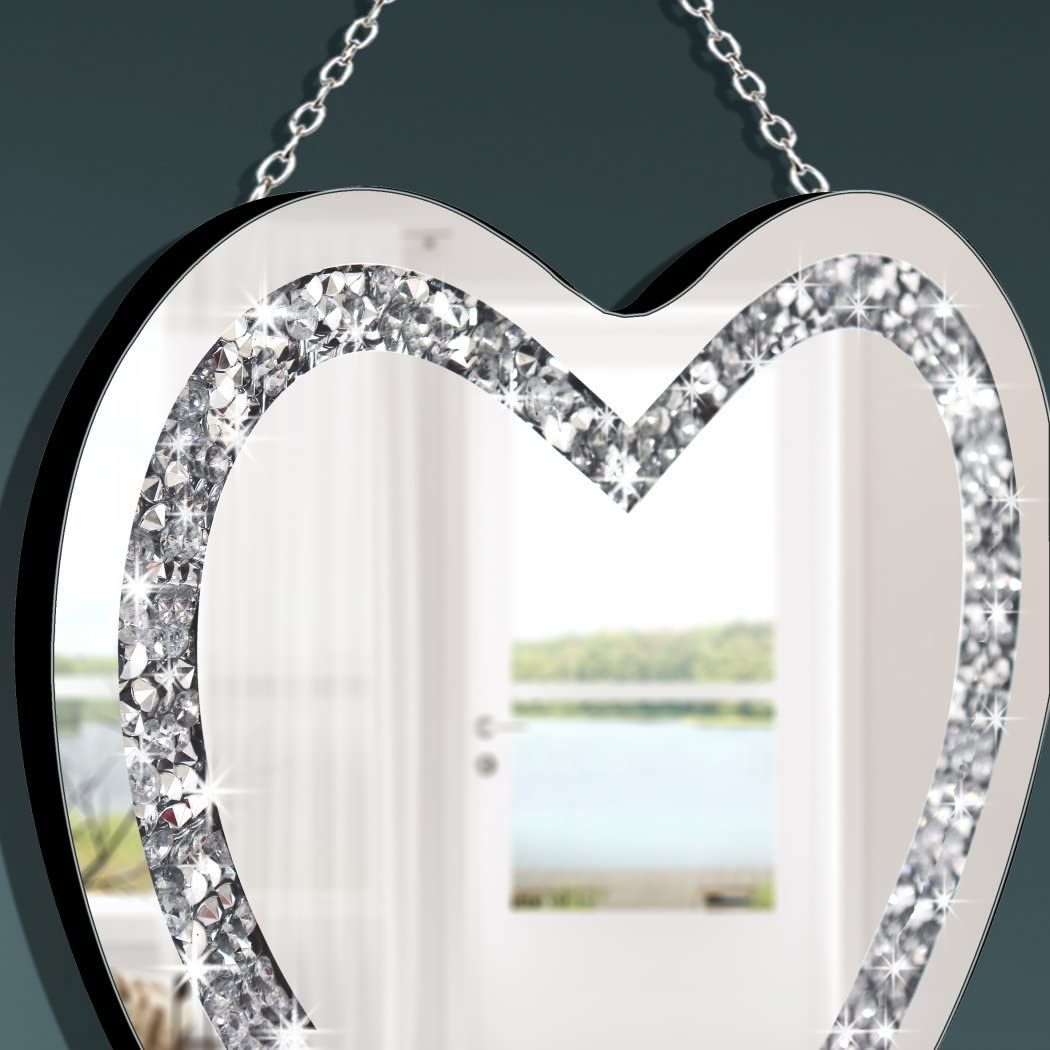 DMDFIRST Crystal Crush Diamond Heart Shaped Silver Mirror with Silver Stainless Steel Chain for Wall Decoration 12x12x0.5 inch Frameless Glam Mirror