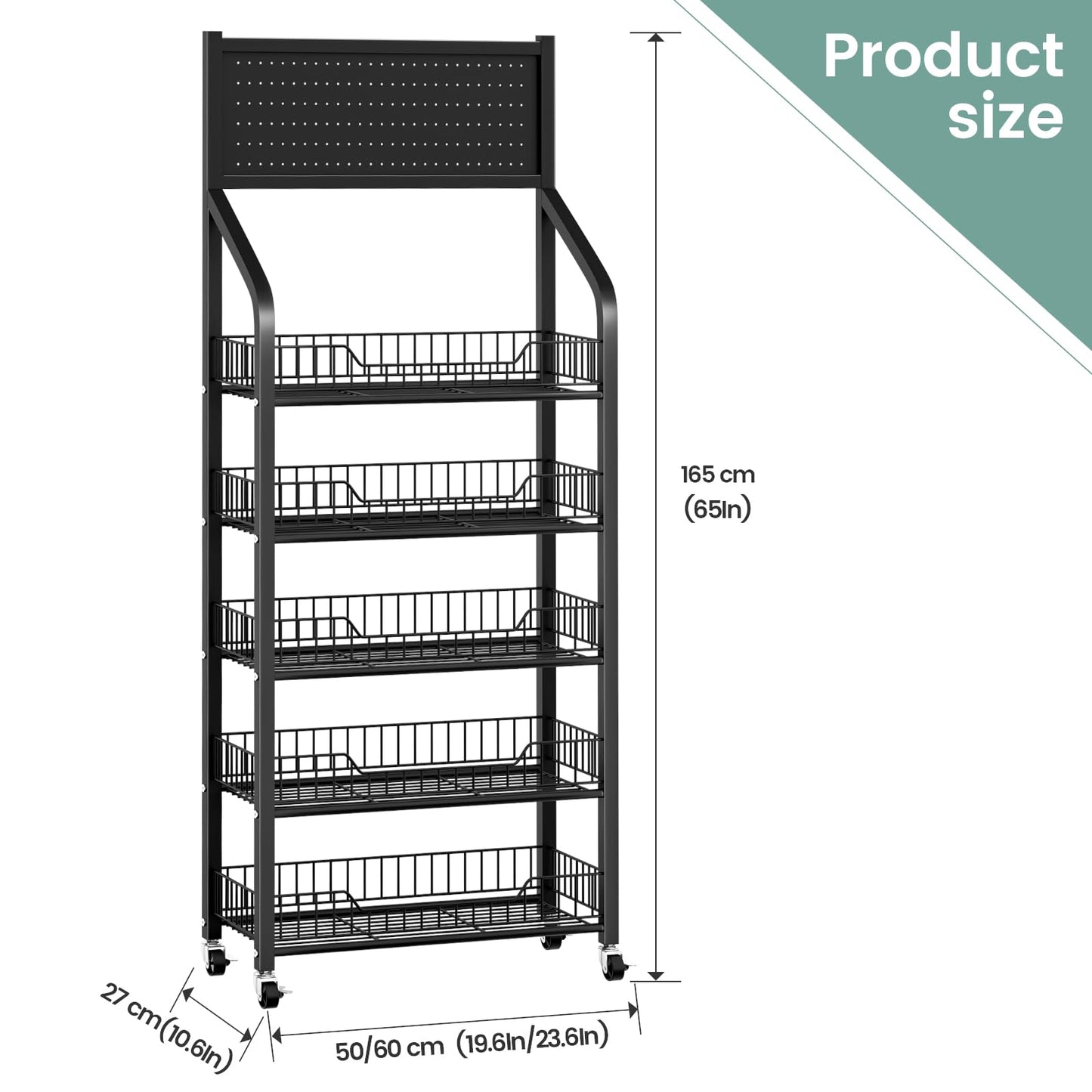 POIUNA 65" 5 Tier Snack Rack Display Stand with Hooks & Wheels, Metal Retail Display Shelf for Chips, Snacks, Candy, Metal Snack Shelf for Store Home Kitchen Store Organizer (60cm-black)