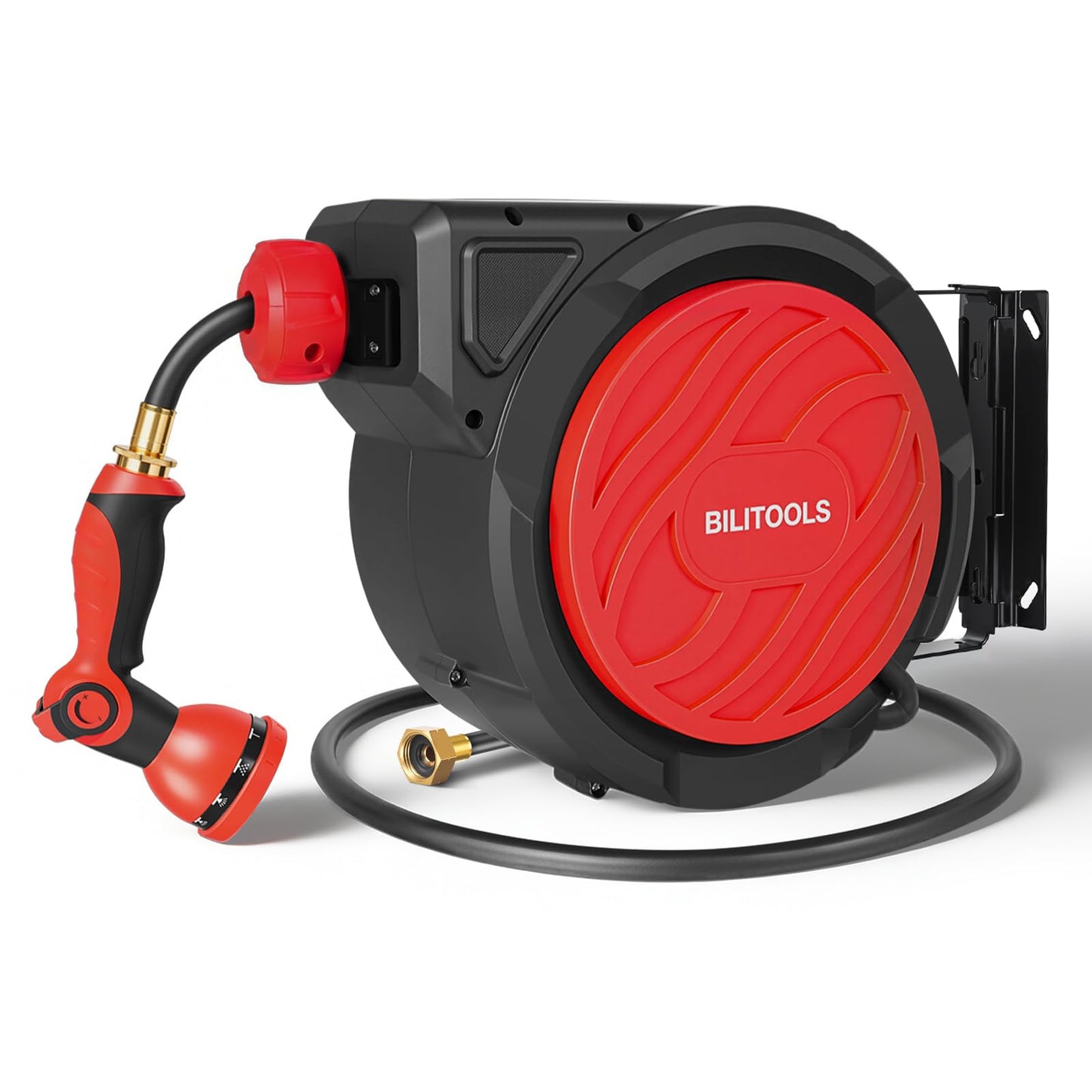 BILITOOLS Retractable Garden Hose Reel 1/2 in x 50 ft, Wall Mounted Water Hose Reel with Any Length Lock, Slow Auto Rewind Anti-Tangle System, 180° Swivel Bracket & 10-Pattern Spray Nozzle for Yard