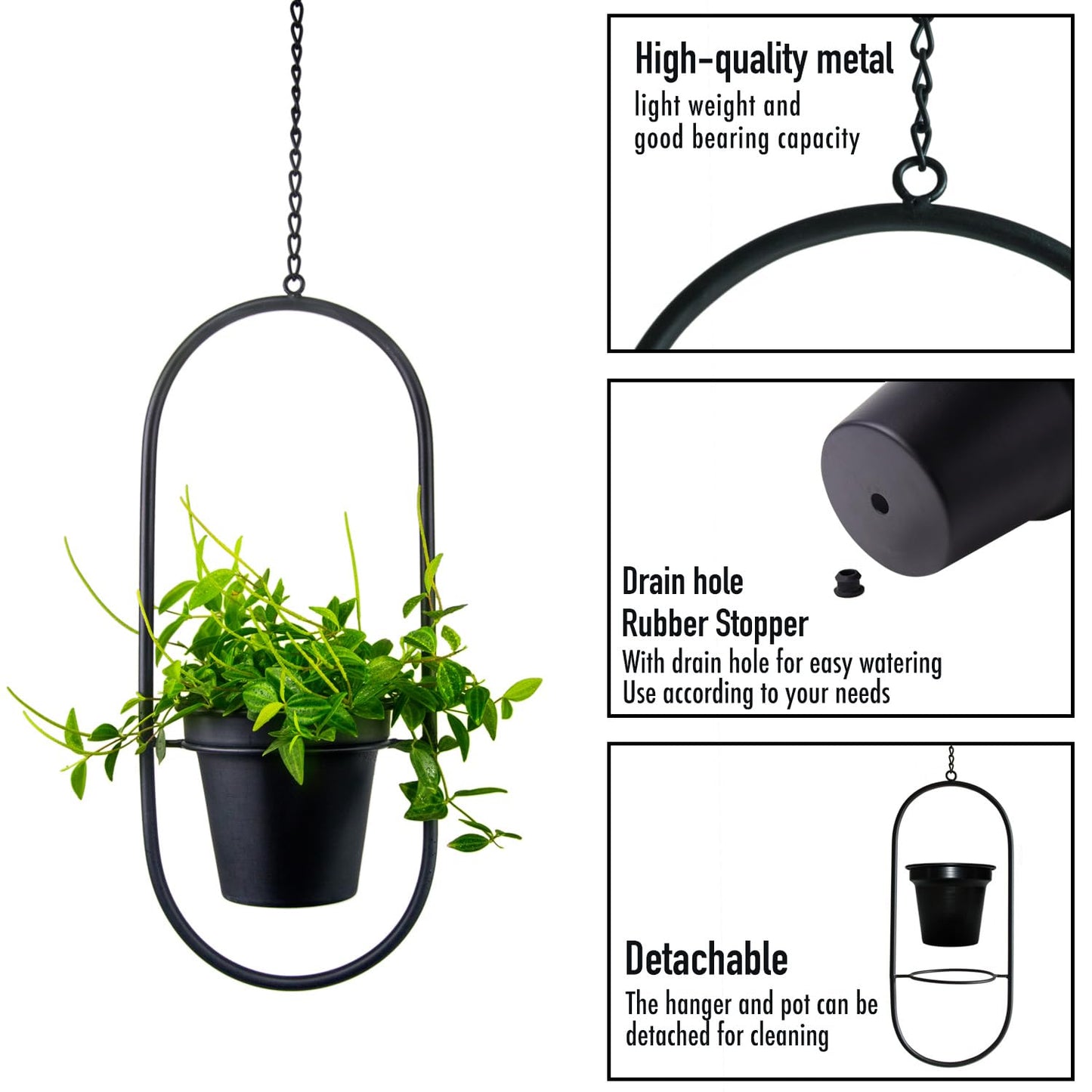HemePaha Modern Metal Hanging Planters with 5 Inch Pots - Set of 2 Oval Geometric Plant Hangers - Black Wall and Ceiling Mount Flower Holders for Indoor and Covered Outdoor Houseplants
