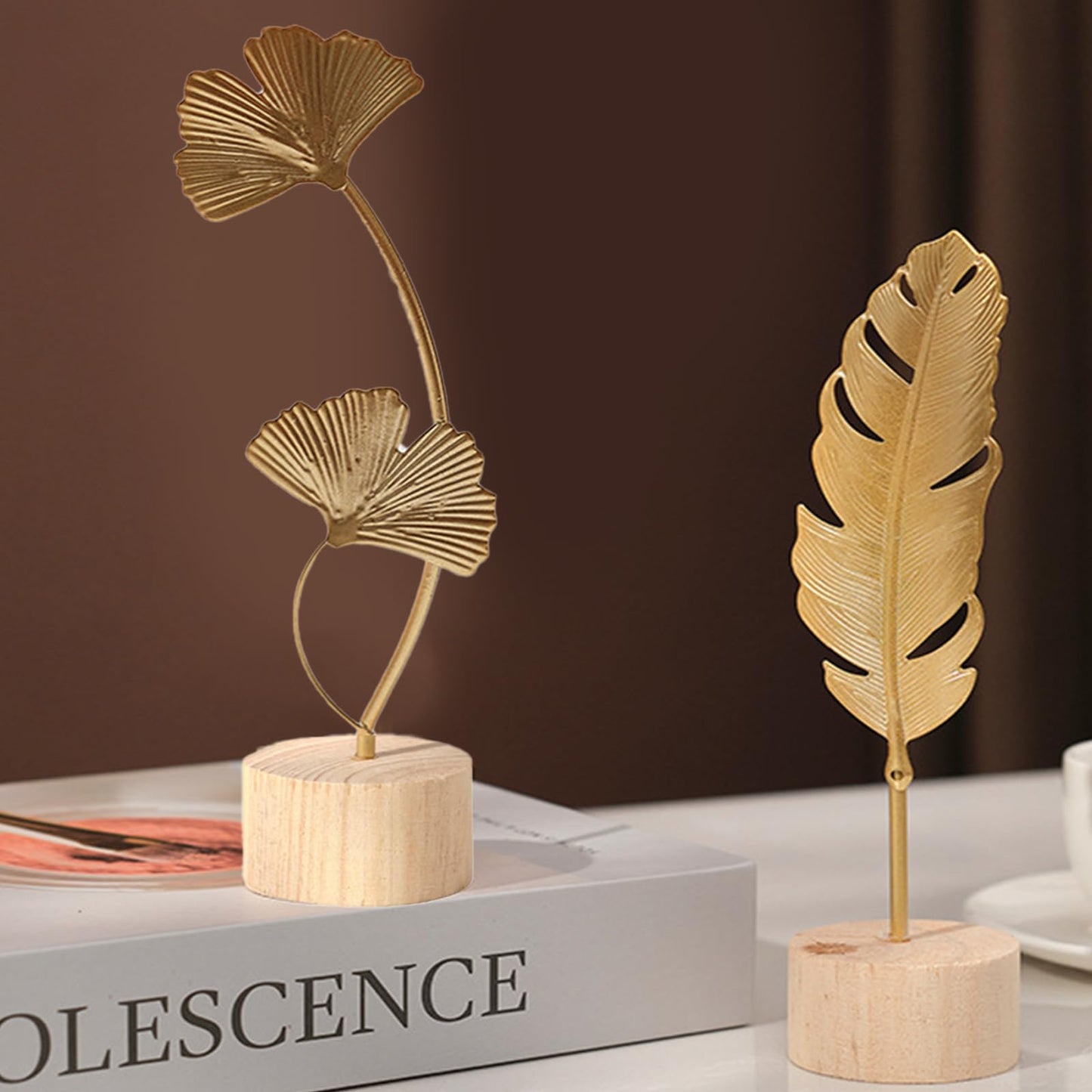 Milnnie Two-Piece Luxury Nordic Metal Leaf Sculptures – Elegant Gold Ginkgo & Palm Leaf Art Décor, Modern Minimalist Metal Craft for Living Room, Entryway, Wine Cabinet, Home & Office Decoration