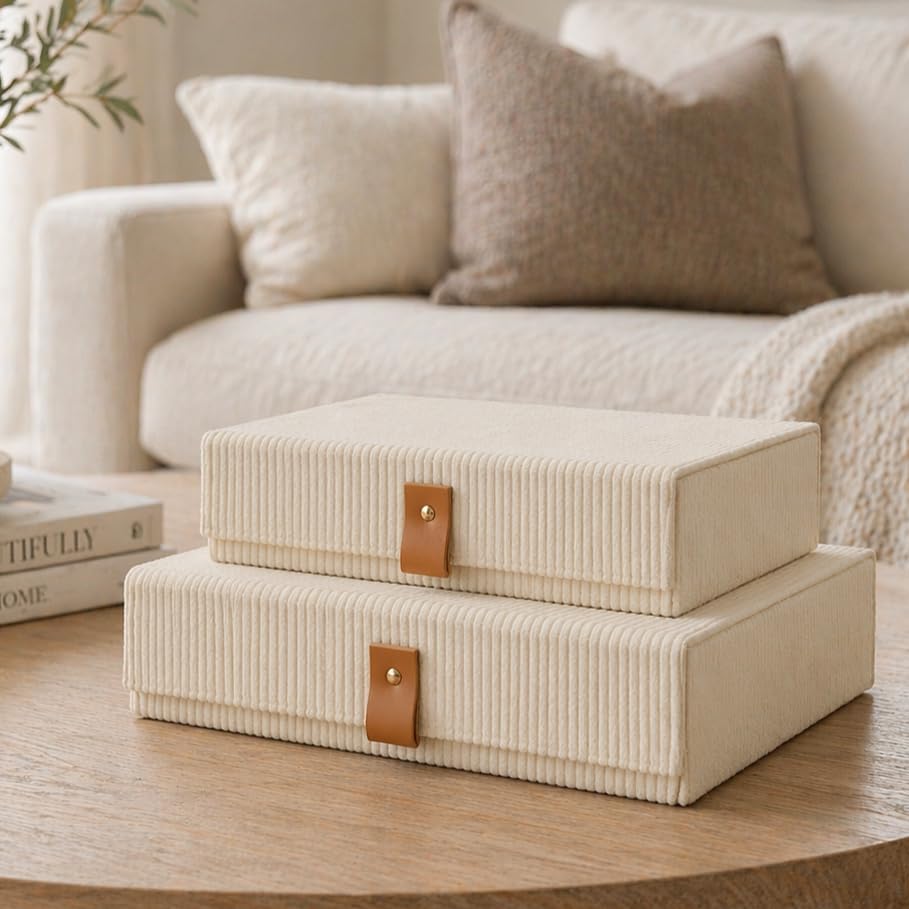 cherish & dwell Beautiful Cozy Corduroy Decorative Storage Boxes with Lids – Set of 2 Keepsake Boxes for Photos, Documents and Home Decor Accents - Giftable Memory Boxes