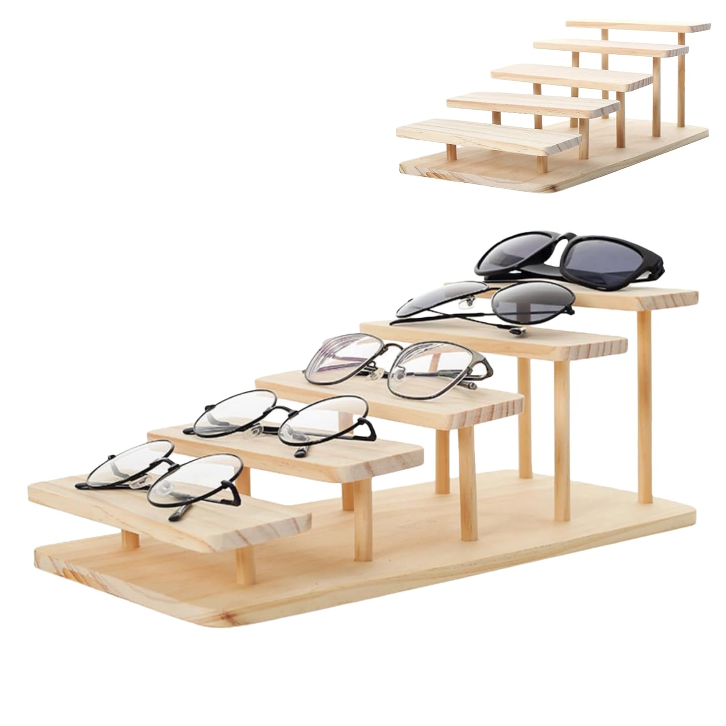 LONG TAO Wooden Display Stand 5-Tier Display Riser Table Display Stand Wooden Glasses Holder Stand Organizer Showcase for Figurines Glasses Jewelry Cosmetics Cupcake Risers