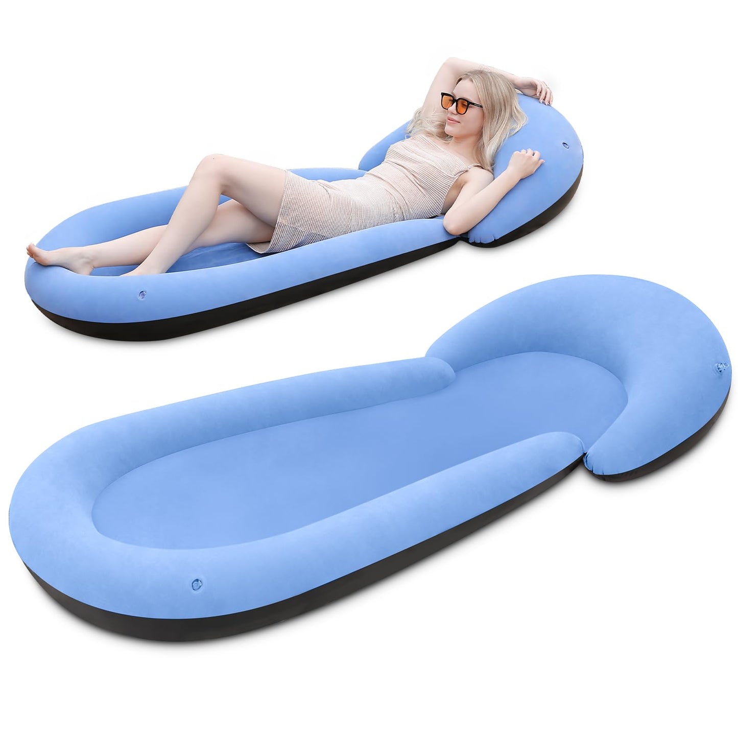 ROUSKY Inflatable Beach Mat, 70 x 29 Inch, Flocked Surface, Pillow Surround (Blue)