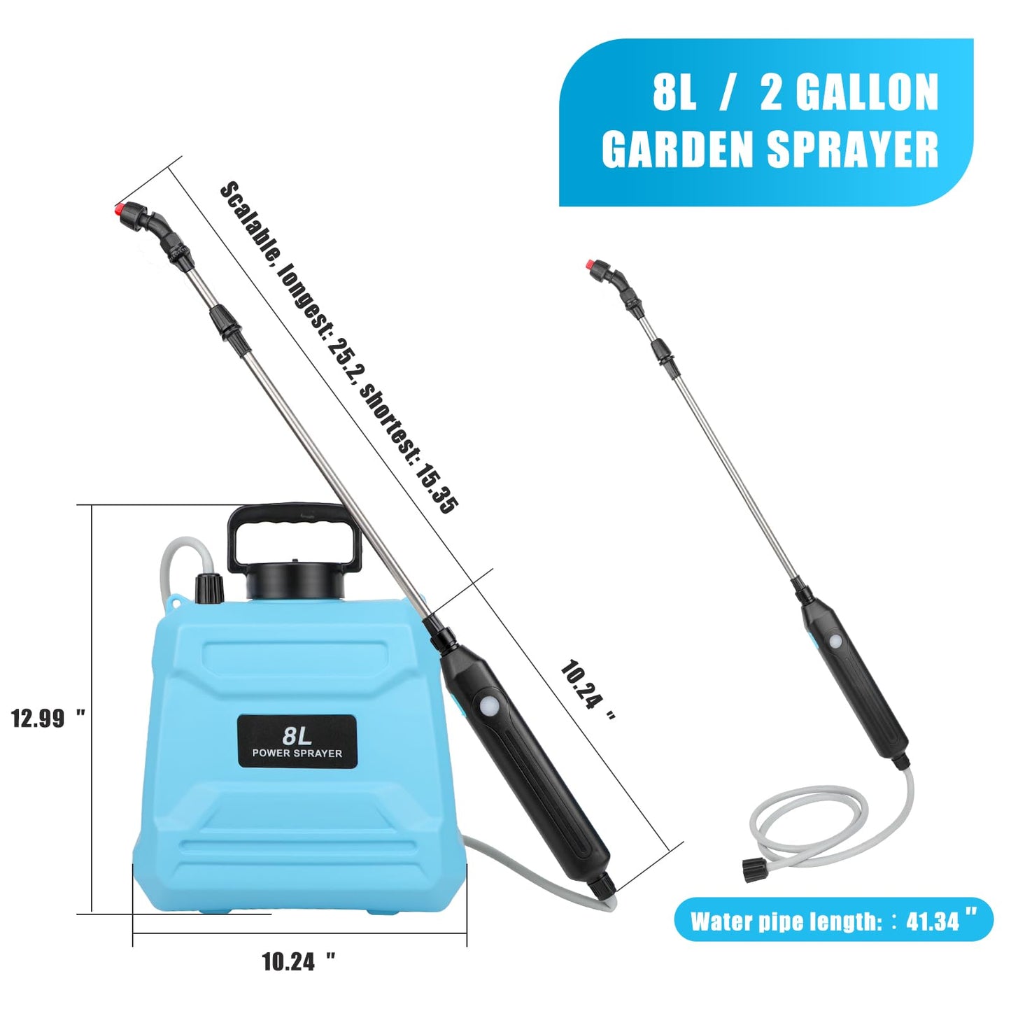 2 Gallon Battery Powered Sprayer, Electric Garden Sprayer, Pump Sprayer with 3 Mist Nozzles & USB Rechargeable Handle & Retractable Wand & Adjustable Strap for Lawn, Garden, Yard(Blue)