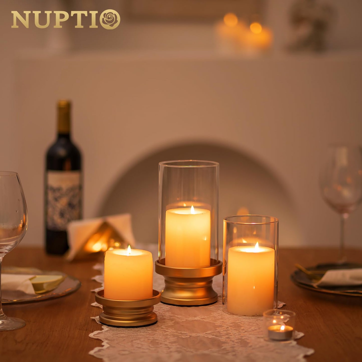 NUPTIO Hurricane Candle Holder Gold: Pillar Candle Holders with Clear Glass Sleeve - Set of 2 Decorative Brass Metal Pillars Stand for Dining Table Centerpiece Shelf Fireplace Mantel Decor