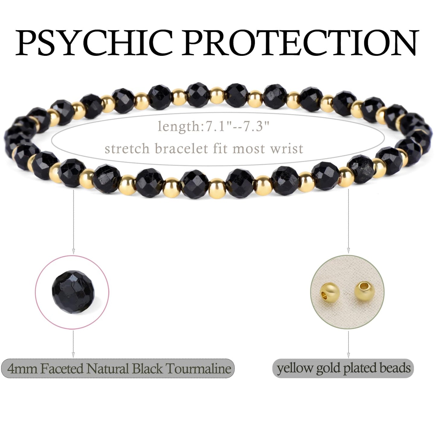 QOGIR Black Tourmaline - Psychic Protection - 14K Gold Plated Beads Natural Gemstone Stretch Elastic Dainty Healing Beaded Bracelets Gifts 4mm