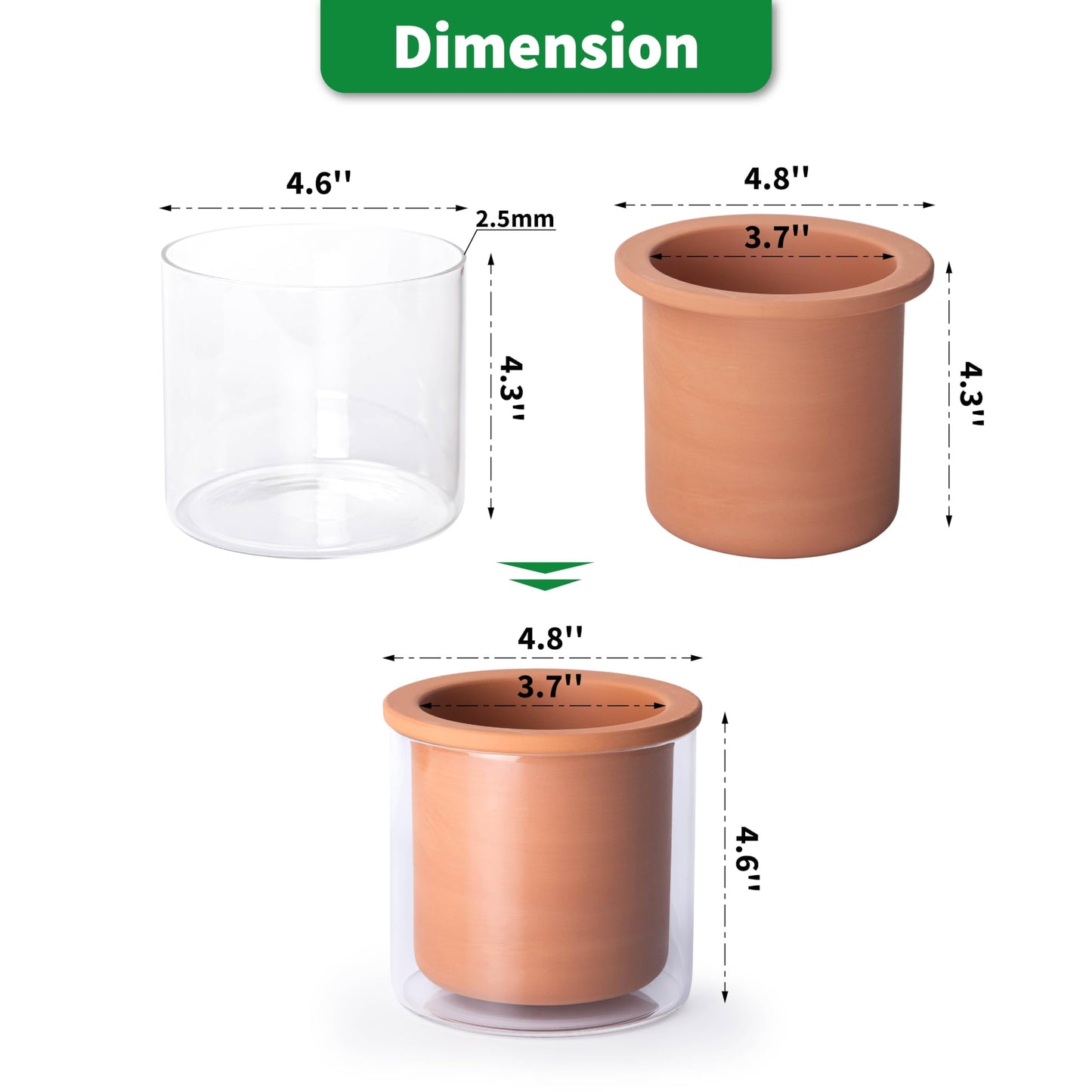 Phoenix Vine 4 Inch Self Watering Plants Pot, Design Terracotta Pot for Plants, Indoor Cylinder Terra Cotta Planter with Glass Vase, Set of 4, 51-A-E-4
