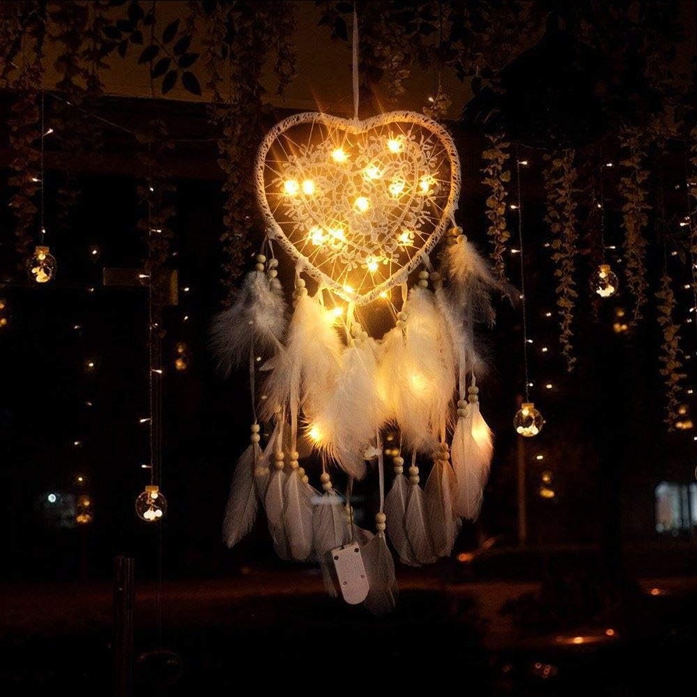 Skreened Christmas Lights，Fashion Handmade LED Light Dream Catcher with Feather Love Heart Dream Catcher Night Light Home Bedside Wall Hanging Home Party Wedding Decoration Gift (White)
