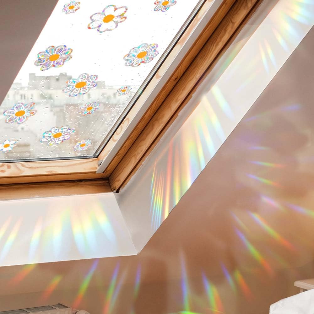 12pcs Spring Summer Daisy Window Stickers, Double-Side Glass Decals Shiny Rainbow Prism Anti Collision Window Clings for Mirror Glass Display Shop Office School Supplies Reusable