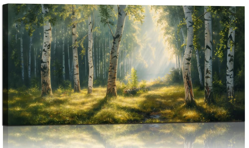 Nature Wall Art Forest Scenery Wall Art Landscape Pictures Green Birch Tree Canvas Print Beautiful Painting Decor for Living Room Mountain Canvas for Home Office Decorations 20x40Inch
