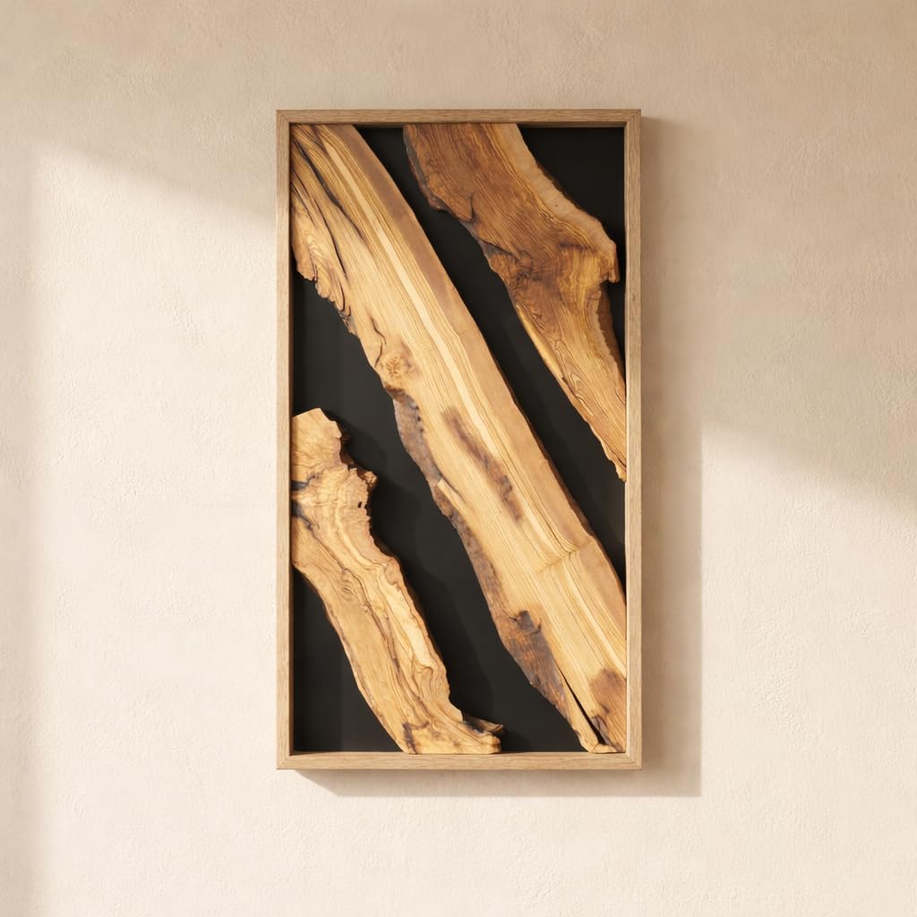 Natural Wood Framed Olive Wood Wall Art - Single Panel Solid Wood Decor for Living Room, Office, Bedroom & Entryway - Handcrafted Live Edge Hanging 14"x20"