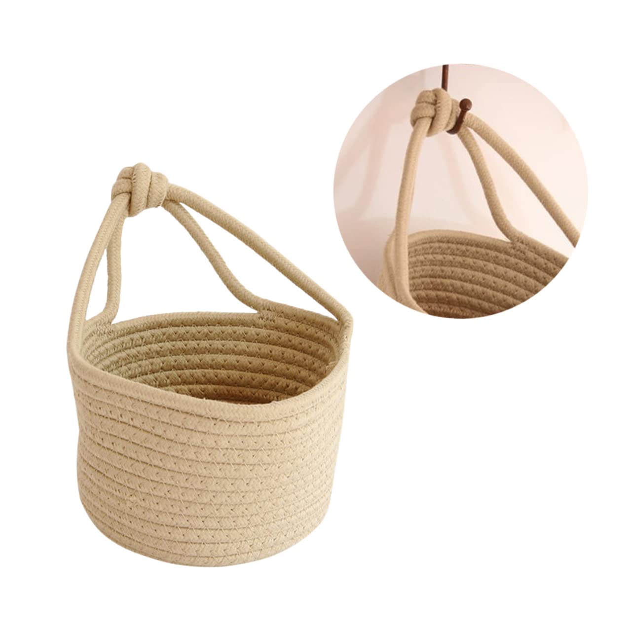 HOLIDYOYO Round Rope Containers Small Hanging Basket Woven Storage Basket Khaki Home Organization