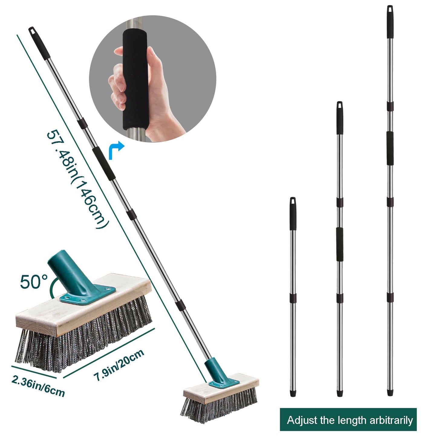 Push Broom Brush Stainless Steel Wire Scrub Brush with Long Handle for Moss, Tough Stains on Deck, Grout, Garage, Patio