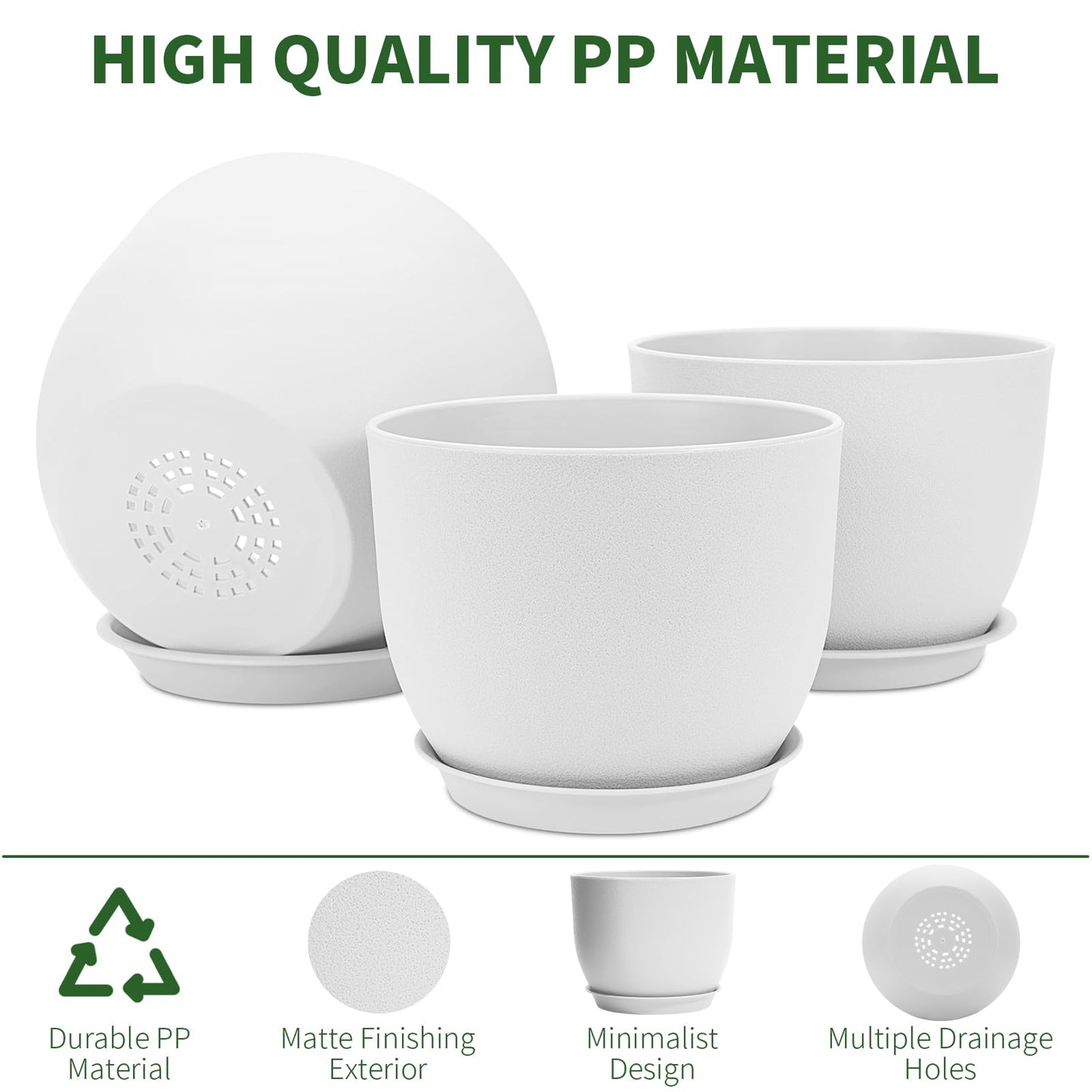 GARDIFE 12/10/9 inch Plant pots, Plastic Large planters for Indoor Plants, Flower pots, White