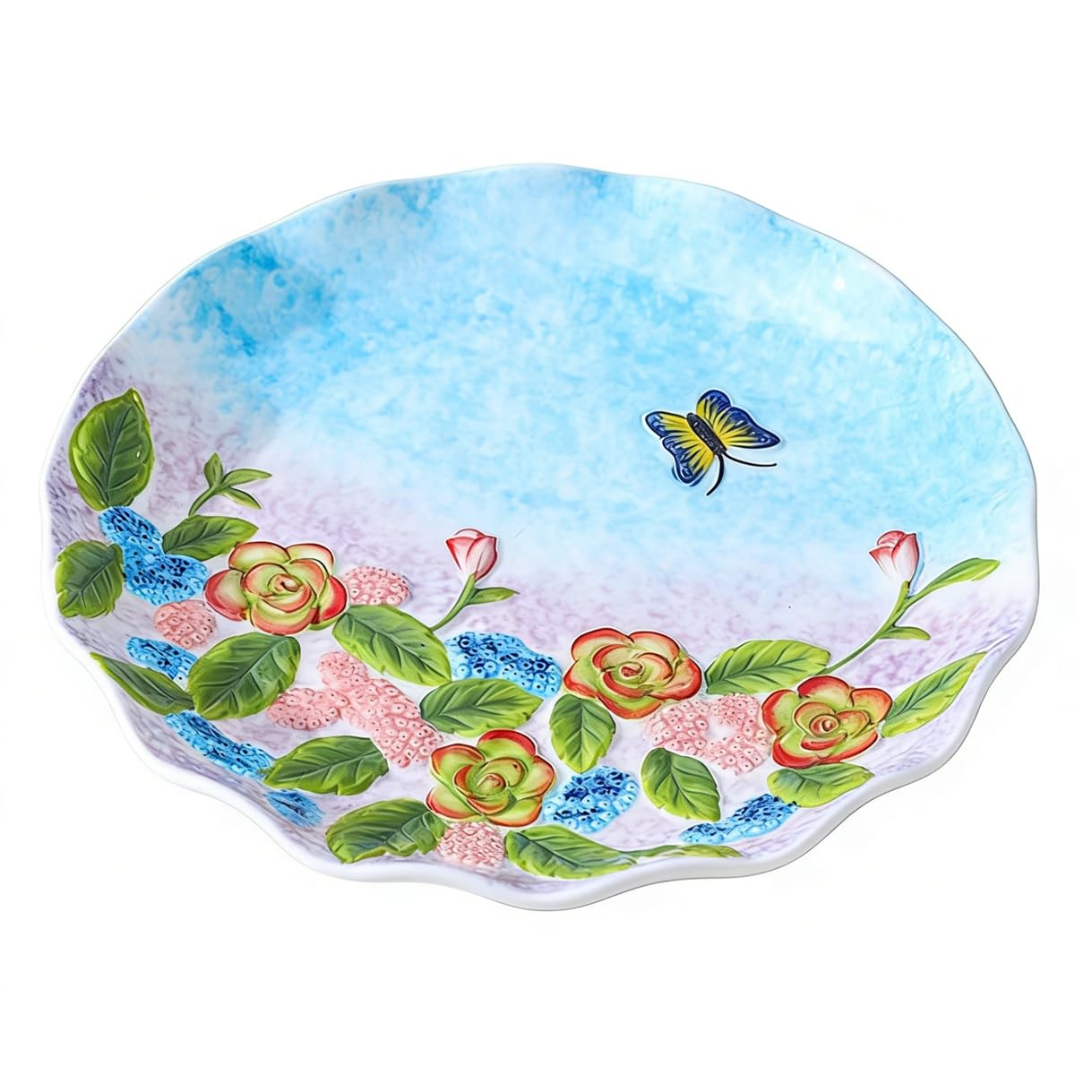Handmade Relief Painted Ceramic Plates with Lifelike Floral & Butterfly Patterns, Smooth Glossy Decorative Serving Plates for Salads, Snacks, Fruits & Appetizers, Warm Cozy Home Dining Ambiance
