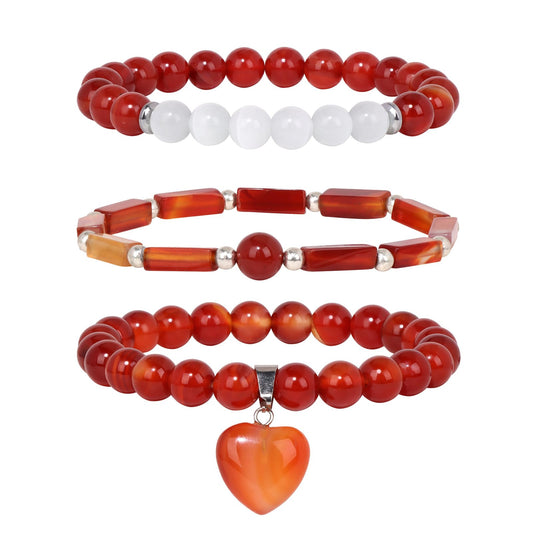 Vinswet Healing Crystal Beaded Bracelets for Women,Natural Amethyst Moonstone Gemstones Bracelet,Anxiety Stress Relief Heart Charm Bracelet Handmade purple Jewelry Gifts for Women (3pcs) (Red agate&Moonstone)