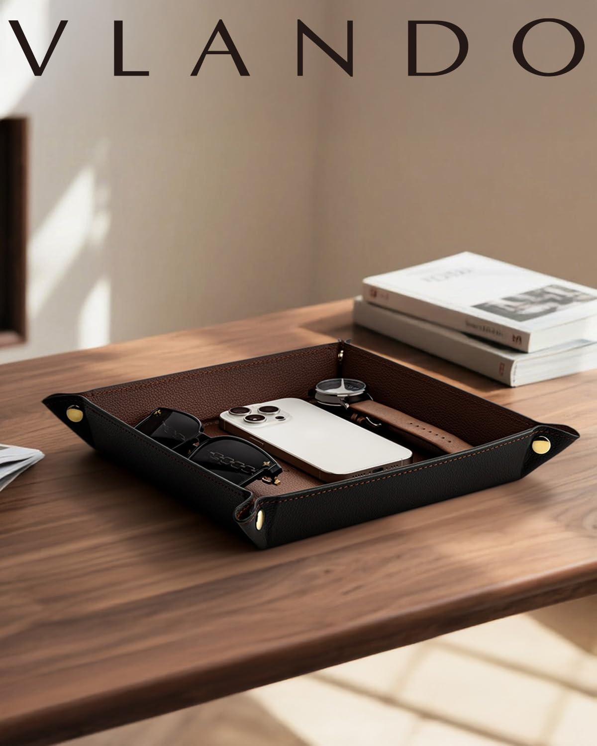 VLANDO Valet Tray for Men Women, Nightstand Organizer Vanity Catchall Holder for Dresser Desk Storage Bedside, Travel PU Leather Jewelry Key Bowl Coin Watches and Candy Entryway Tray - Large, Brown