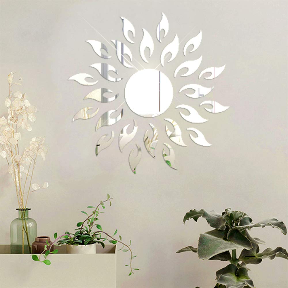 Sunflower Mirror Wall Stickers Decor, Round Acrylic DIY Self-Adhesive Wall Art Decals Miroir Mural Home Decorations for Living Room, Bedroom, TV Background Home Décor（Silver）