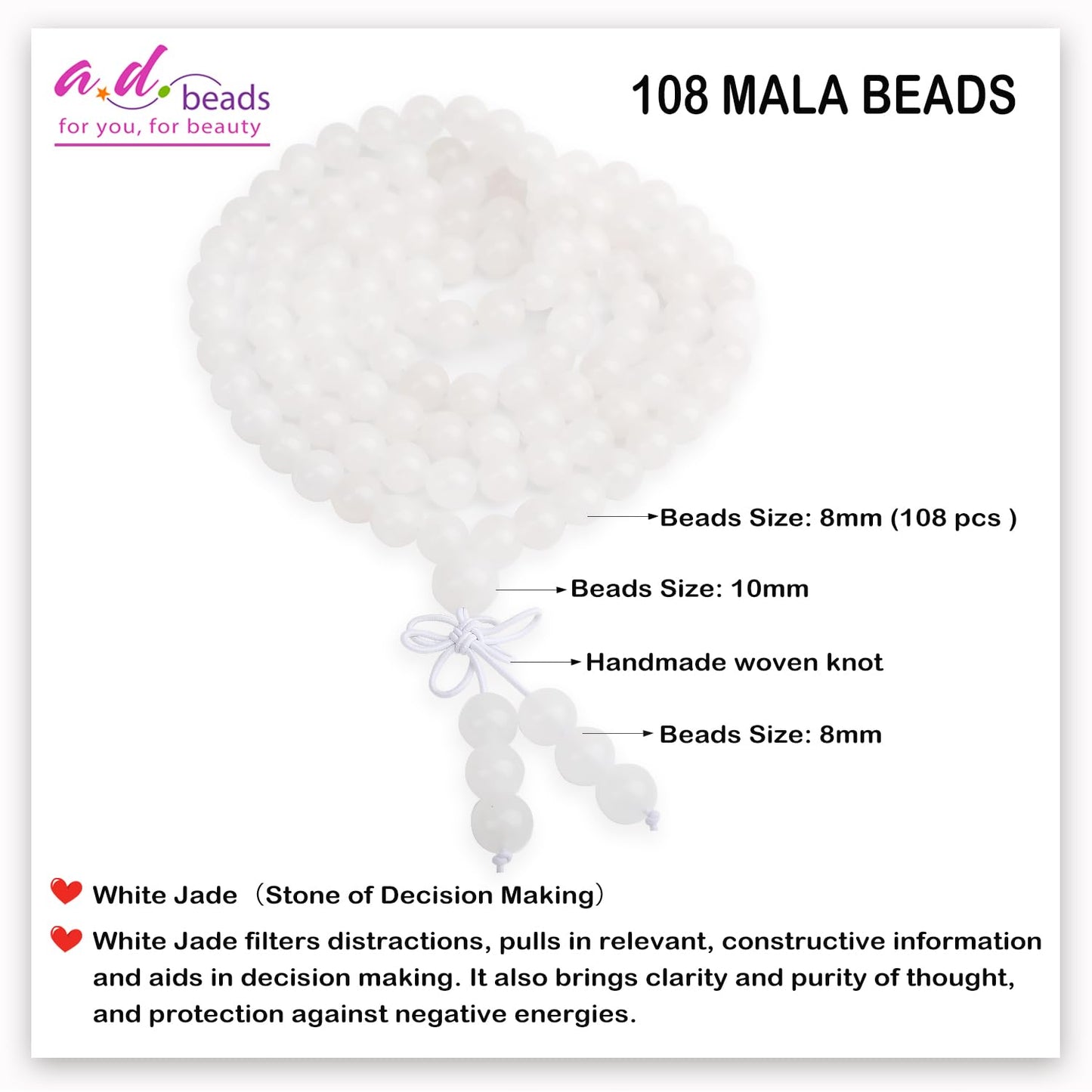 AD Beads 8mm 108 Prayer Mala White Jade Elastic Bracelet - Decision Making - Handmade Yoga Meditation Healing Power Energy Gifts for Unisex Adult.