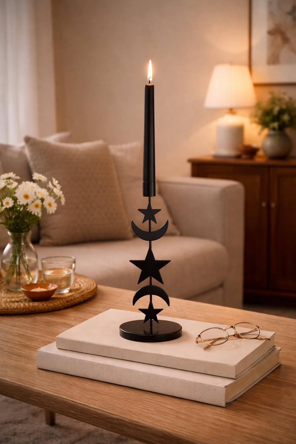 Metal Moon Star Candle Holder - 11 Inch Black Taper Candlestick Holder for Table Centerpiece - Modern Celestial Decorative Candle Stand for Mantel, Dining Room or Boho Home Decor (1 Pack)