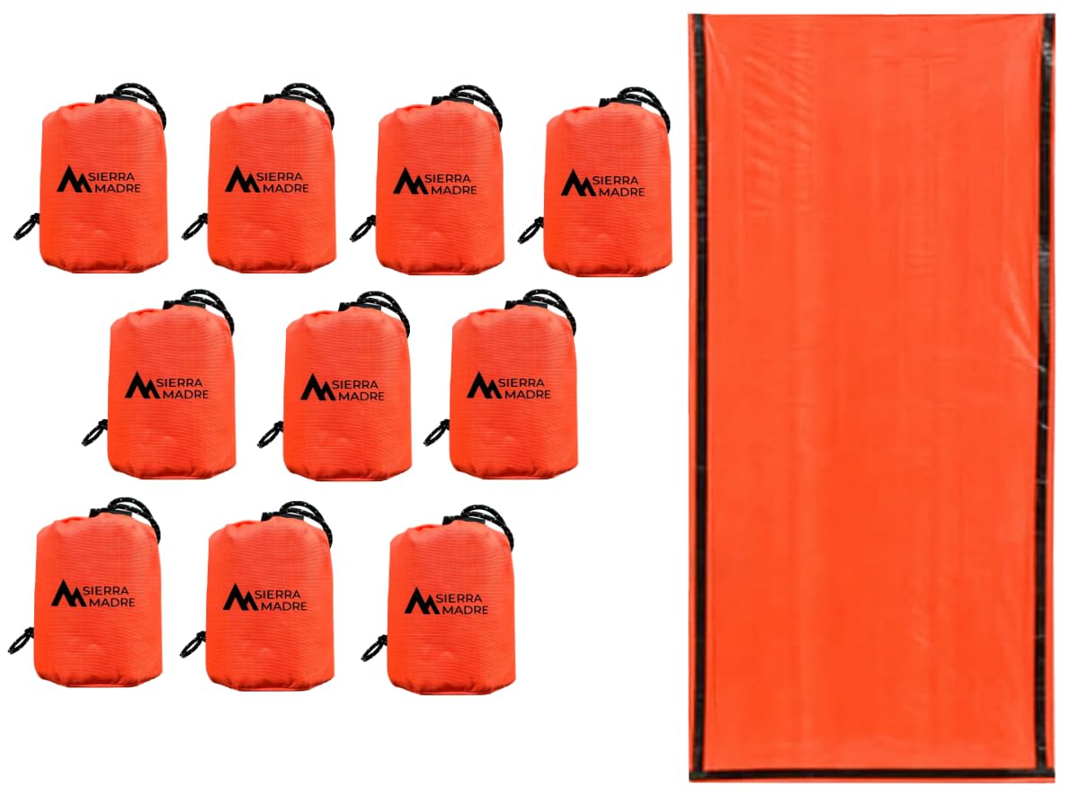Sierra Madre Emergency Sleeping Bag – Ultralight, Waterproof Mylar Thermal Bivy Sack Tent for Hiking, Bug-Out Bags, Survival Kits – Emergency Survival Space Blanket for Heat Retention 10 Pack