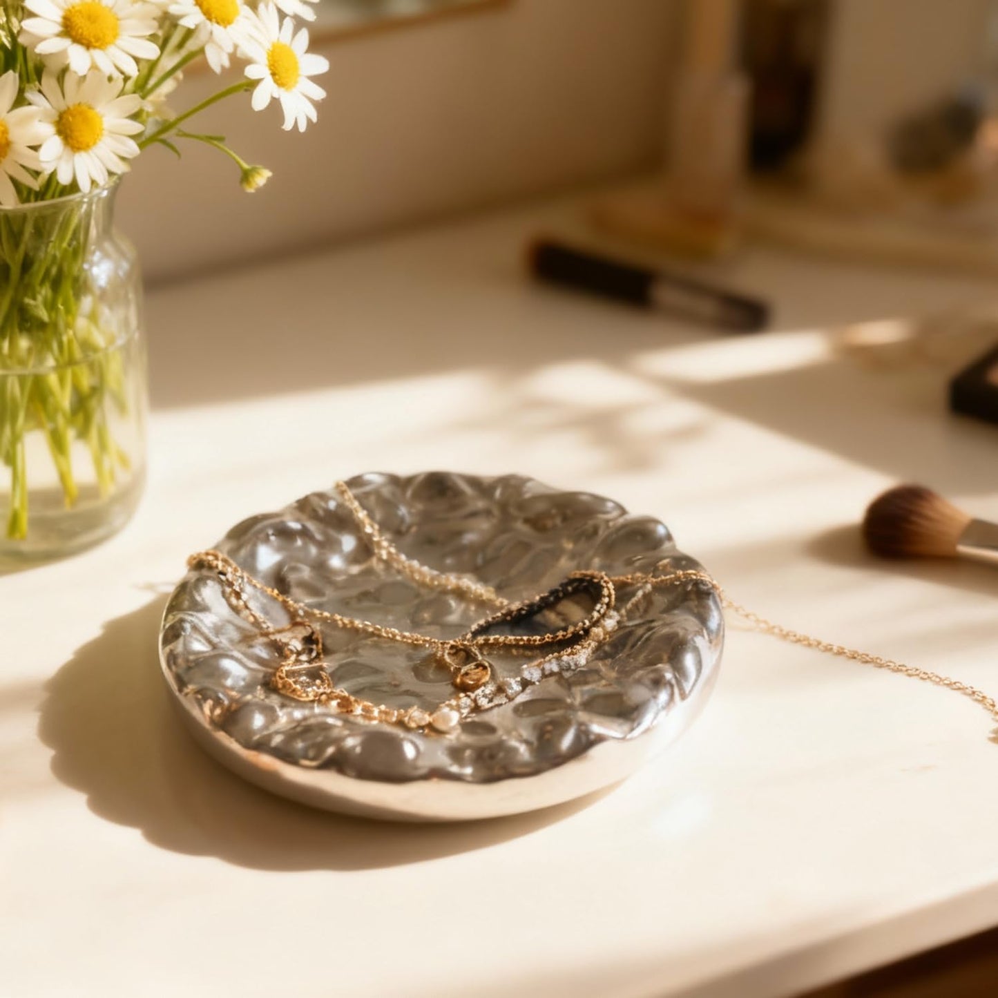 Ferrisland Jewelry Dish Tray, Ring Dish, Ceramic Trinket Tray, Key Bowl, Decorative Plate, for Friends Sisters Daughter Mother (Silver, Wave)
