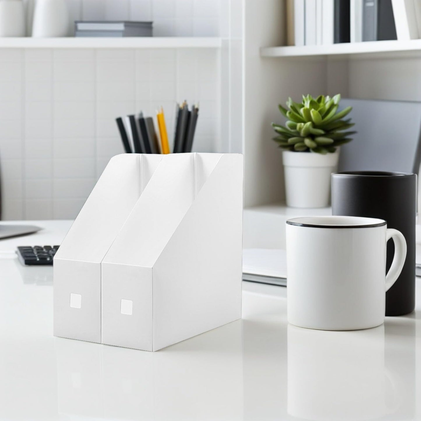 NOLITOY 2pcs Magazine File Holder, Book Bins, Modern White Rack, Plastic Folder Organizer for Desk, File Storage Rack Stand up for Office Catalog Reference
