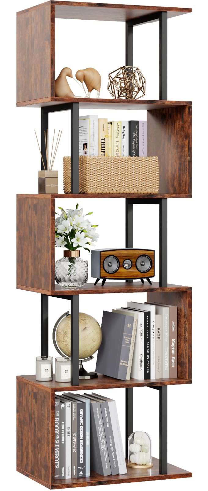Furologee 6 Tier Bookshelf, Tall S Shaped Geometric Bookcase, Modern Display Shelf Standing Unit, Wood Metal Decorative Divider Rack for Living Room Bedroom Office, Rustic Brown