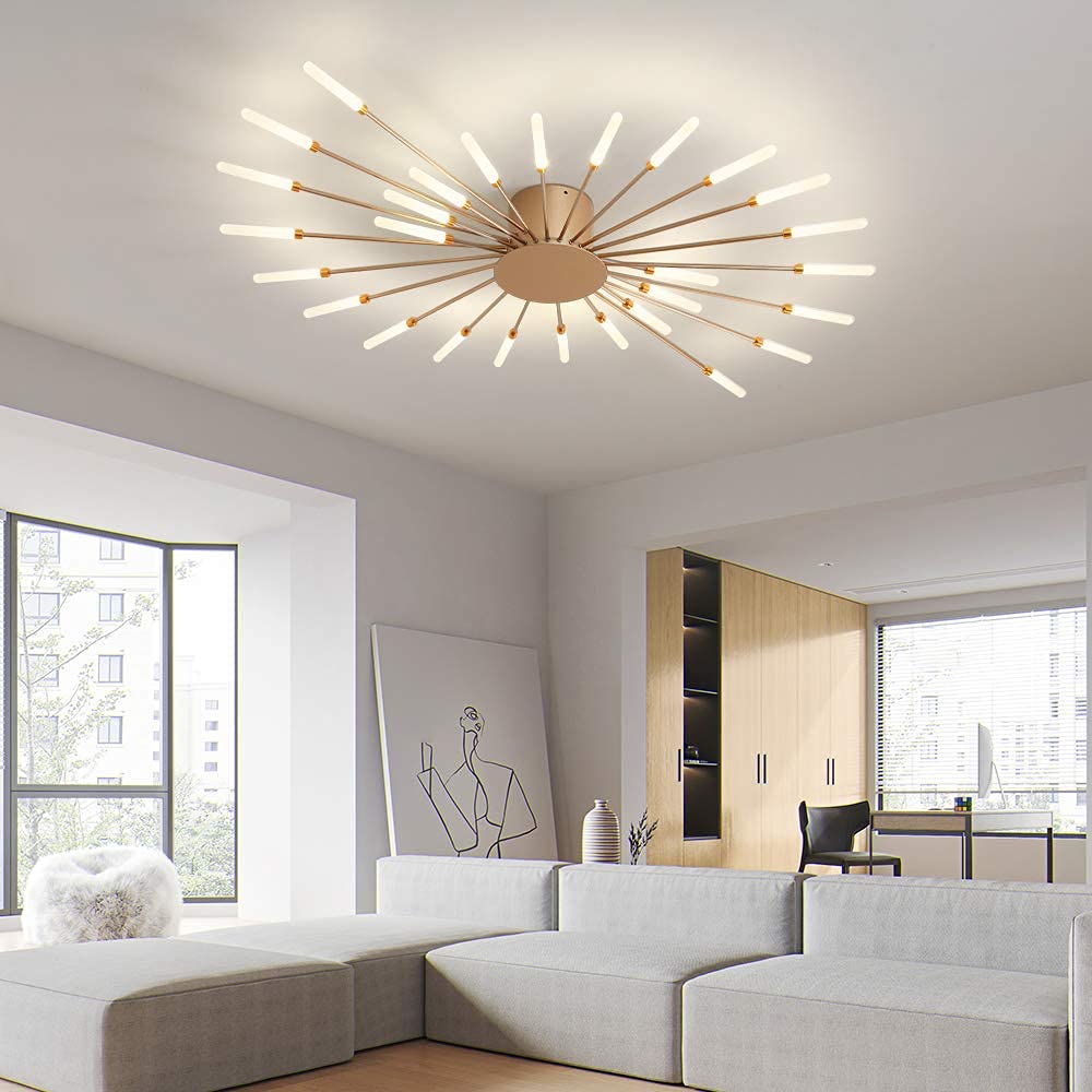 JAYMP 41.3" Ceiling Light Modern Flower Shape Ceiling Lamp for Dining Room Kitchen Hallway Flush Mount Metal Acrylic Sputnik Firework Petal LED Lighting Fixture (Matte Gold, 28 Lights)