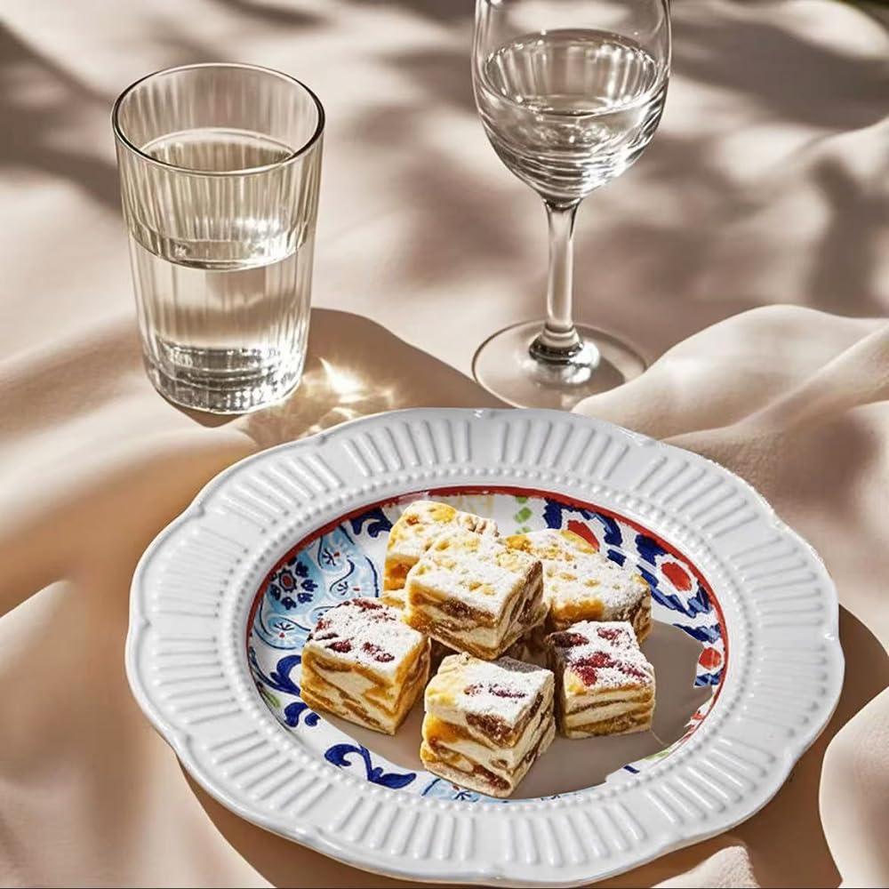 9 Inch Floral Porcelain Plates,Unique Embossed Flower Shape,Microwave & Dishwasher Safe, Artisan Hand-Painted Design for Steak,Salad,Dessert,Home & Restaurant Use
