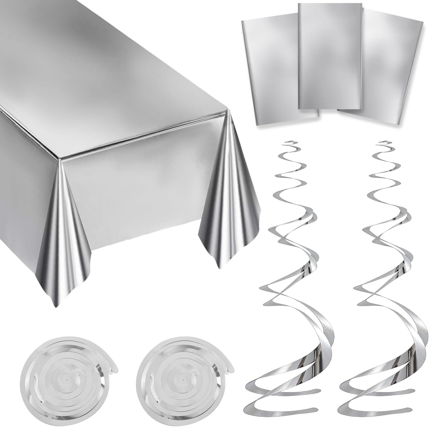 BLMHTWO 3Pcs Silver Foil Tablecloth and 30Pcs Hanging Swirl Decorations, 54 * 72in Disposable Plastic Table Cover Ceiling Swirl Spiral Hanging Streamers for Party Baby Shower Wedding Birthday