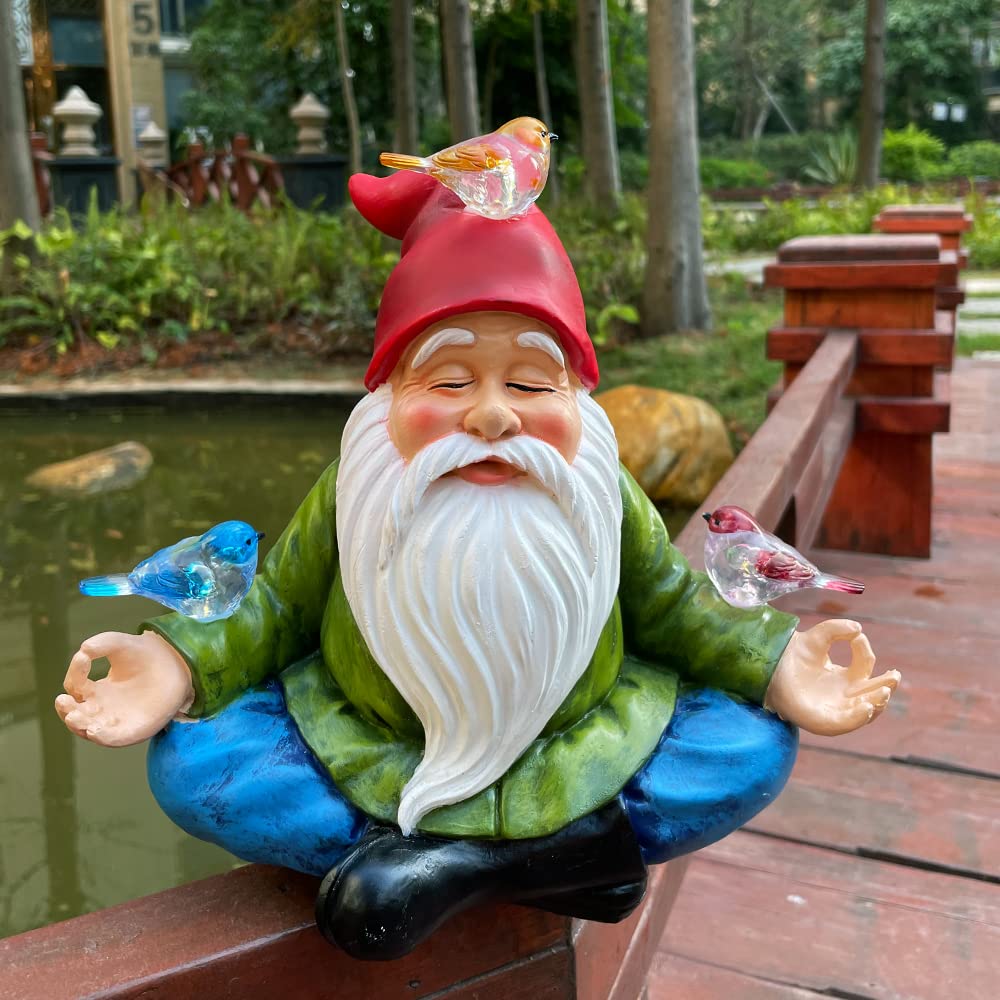 RAYWER Solar Powered Gnome with Red Hat and 3 Birds, Resin Garden Ornament with LED Light, Lawn Figurine Outdoor Decoration Statue (Gnome with 3 Birds)