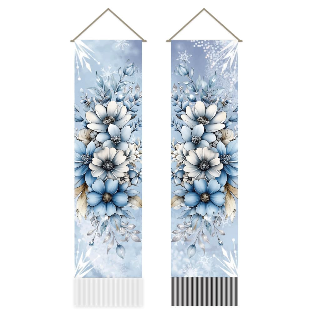 AHANDMAKER 2Pcs Vintage Blue Garden Flowers Tapestry, Nostalgic Floral Arrangement Tassel Tapestry Hanging for Bedroom Living Room Vintage Appeal(45.7x13 Inch)