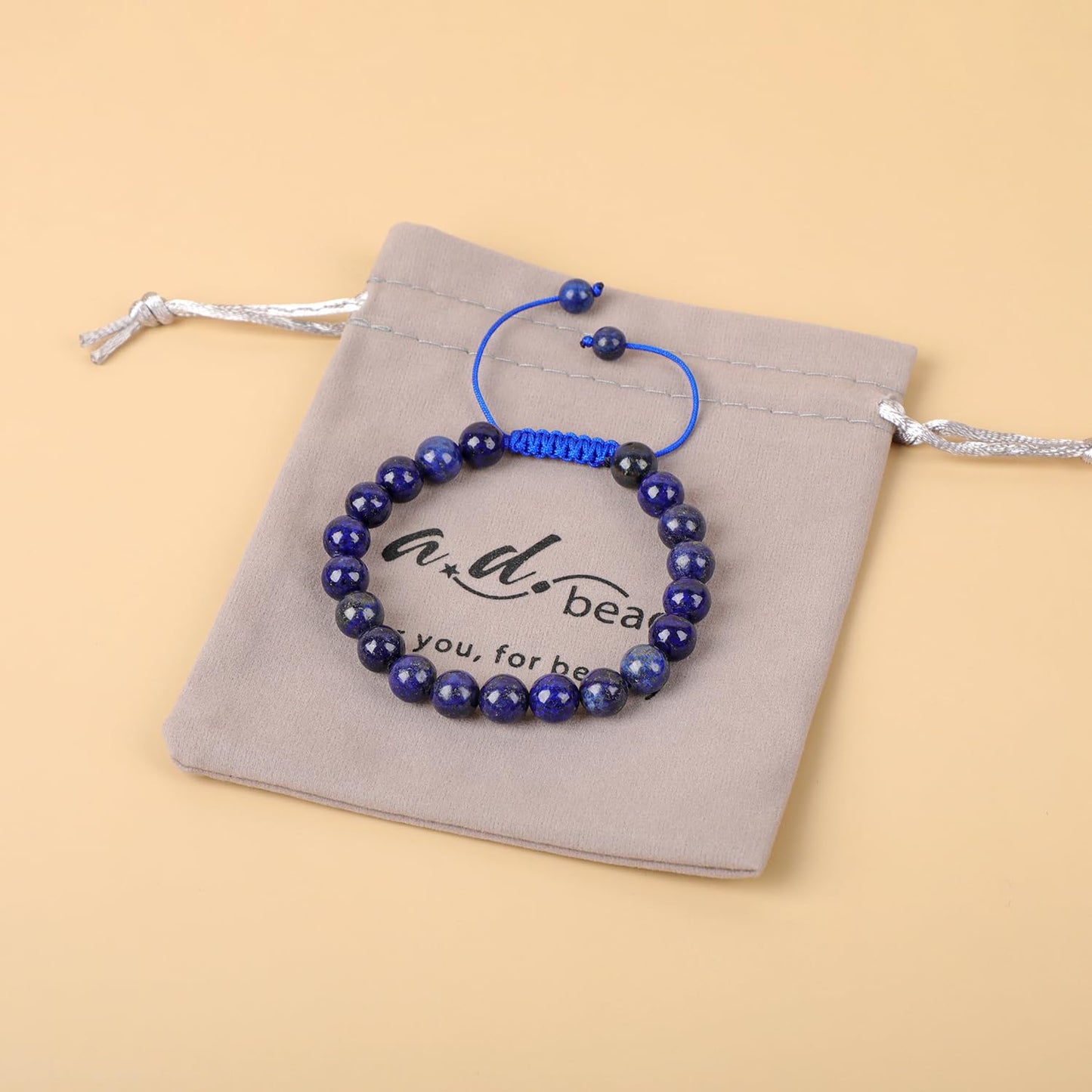 AD Beads Natural 8mm Gemstone Bracelets Healing Power Crystal Macrame Adjustable 7-9 Inch (Lapis)