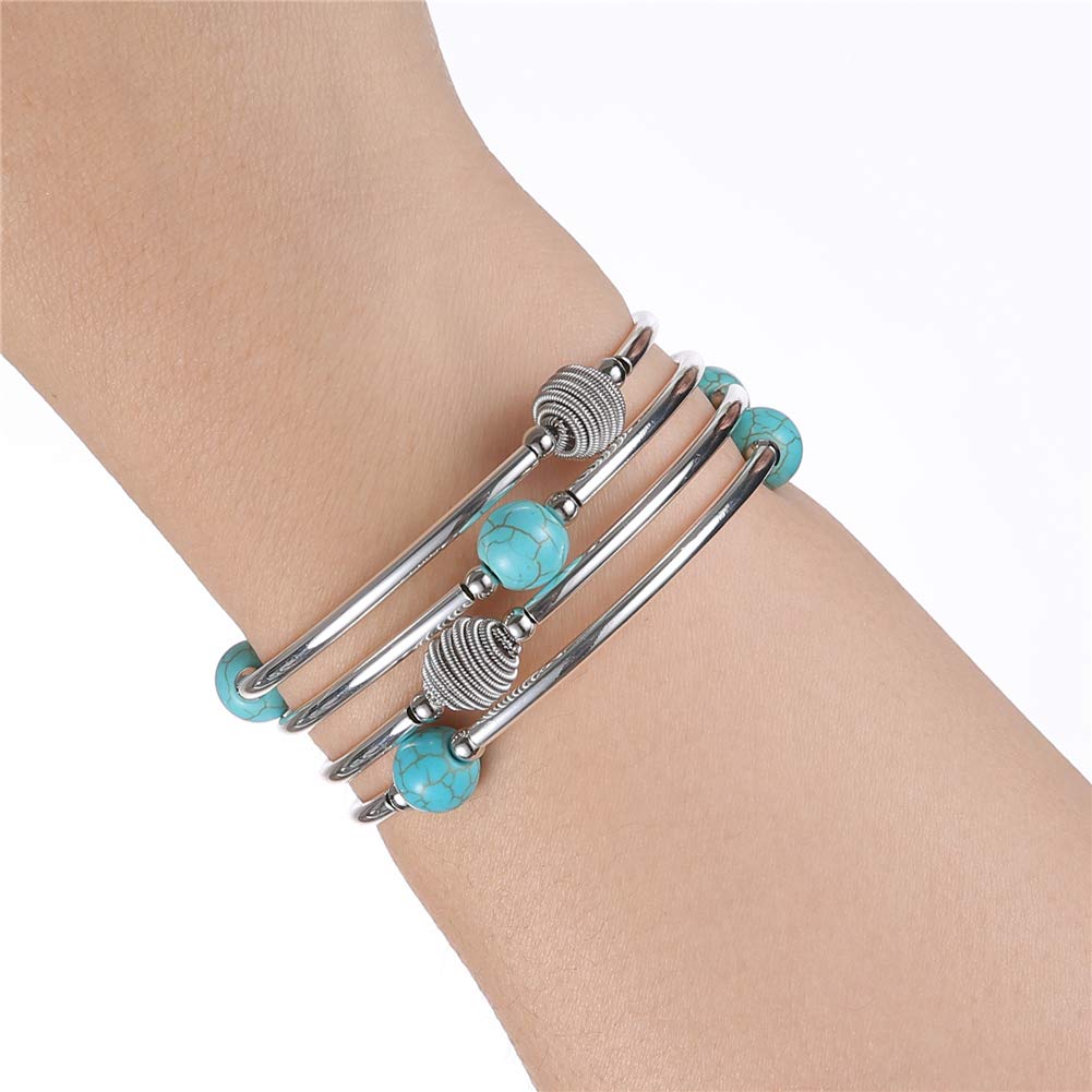 PEARL&CLUB Beaded Chakra Bangle Turquoise Bracelet - Fashion Jewelry Wrap Bracelet with Thick Silver Metal and Mala Beads, Birthday Gifts For Women(63-Turquoise Blue)