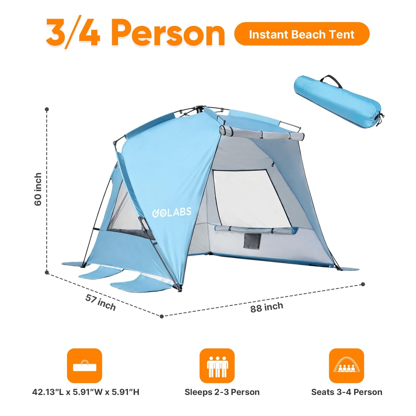 Golabs BT1 Pop up Beach Tent Sun Shelter for 3-Person, 1-Minute Setup by Pre-Attached Pole & UPF 50+, Beach Shade with Detachable Floor Mat, Mesh for Clear View & Airflow, only 7 lbs & Pocket and Hook