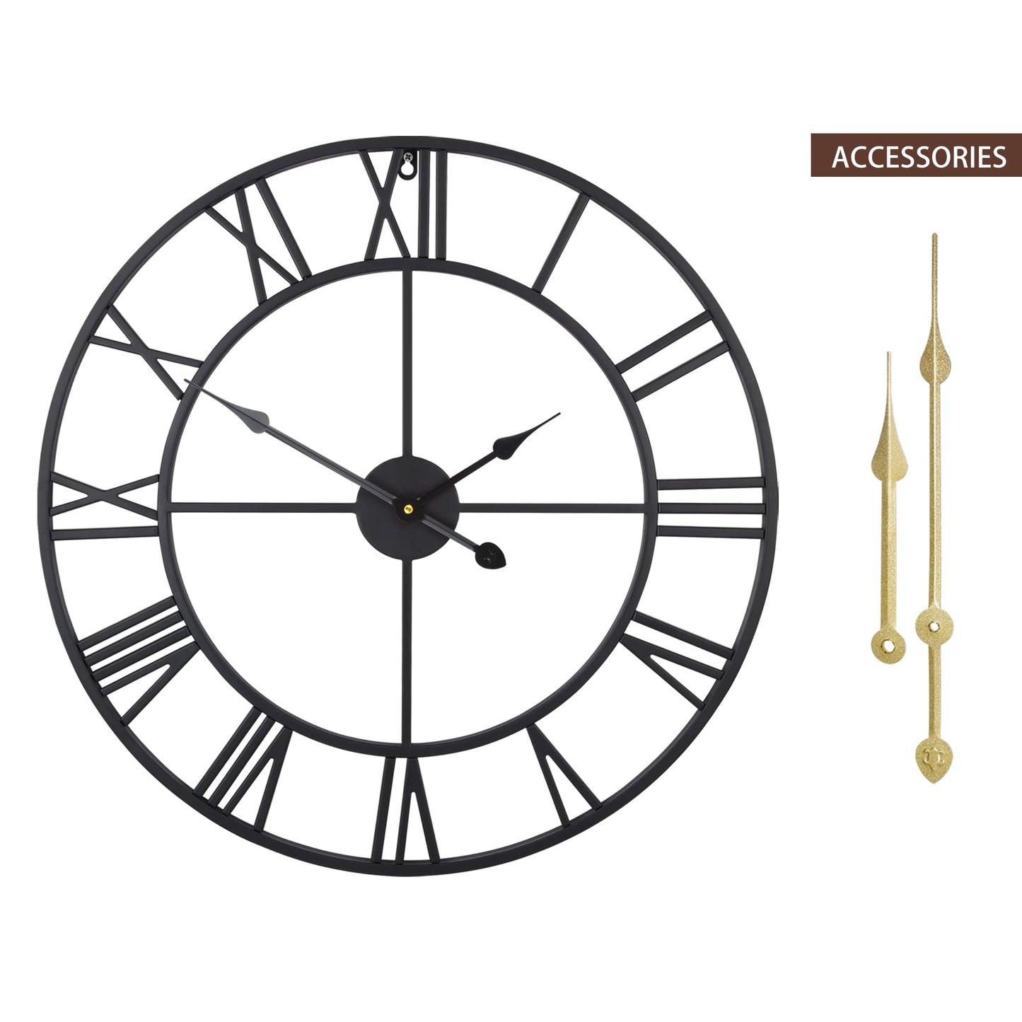 LEIKE Large Wall Clock, 24" Completely Silent, Non Ticking, Battery-Operated,Rustic Round Modern Metal Wall Clock Decor for Living Room, Bedroom and Kitchen, (60cm, Black-Roman Number)