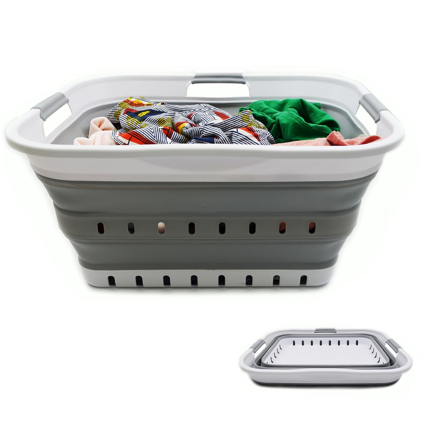 SAMMART 42L (11 gallon) Collapsible Plastic Laundry Basket - Foldable Pop Up Storage Container/Organizer - Space Saving Hamper/Basket (1, White/Grey)
