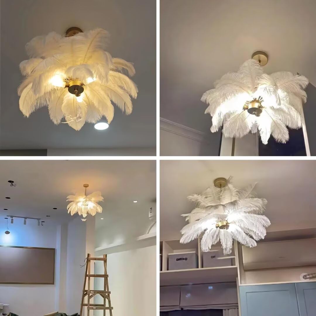 GUANSHAN White Ostrich Feather Pendent Light - Feather Ceiling Light & Chandelier for Bedroom, Living Room