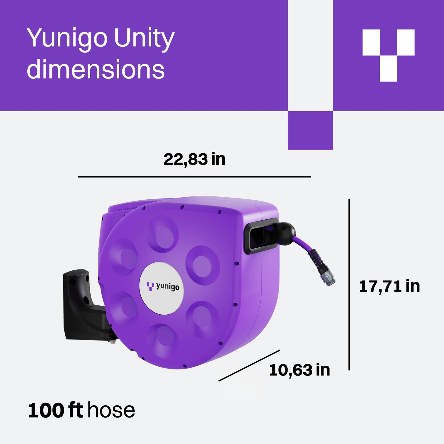 YUNIGO UNITY 100ft, Wall-Mounted Retractable Hose Reel, Slow Rewind, Complete System with Spray Nozzle, 180° Pivoting Mount, Fully Preassembled Compact System for Home & Garden Watering