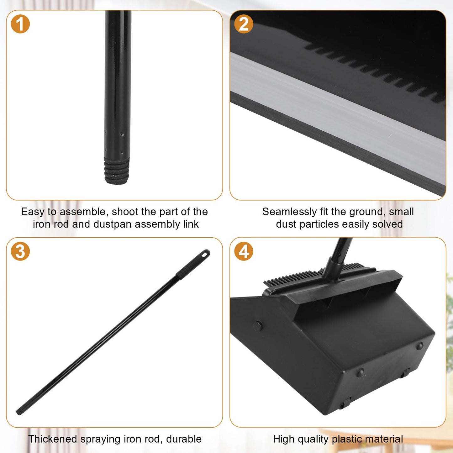 Leumoi 12 Pcs Dust Pans with Long Handle Set 36.6 Inch Commercial Dust Pan with Comb Large Plastic Stand up DustPans for Outdoor Indoor Restaurant Home Office Floor Cleaning (Black)