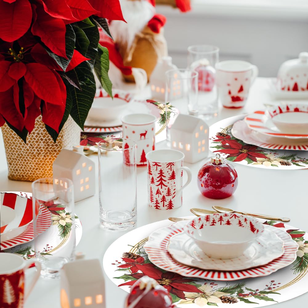 50 Pack Christmas Paper Placemats 13.7 Inch Xmas Poinsettia Disposable Round Place Mats Winter Red Green Table Mats for Holiday Christmas New Years Party Home Dinner Table Setting