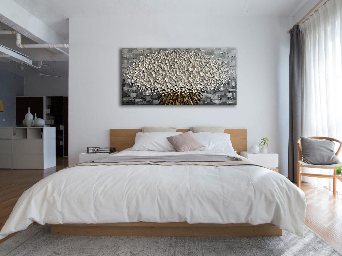 Alenoss Gray and White Abstract Floral, 3D Textured Flower Painting, Modern Living Room Wall Art, Gray Canvas Wall Decor