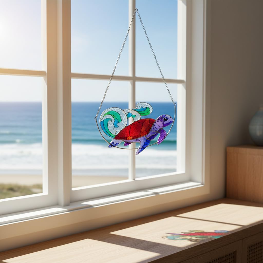 Sea Turtle Stained Glass Window Hanging, Ocean Sea Life Sun Catchers Indoor Panel, Nautical Suncatcher Decor for Home, Wall, Garden, Coastal Ornament Gift for Women, Beach Lovers