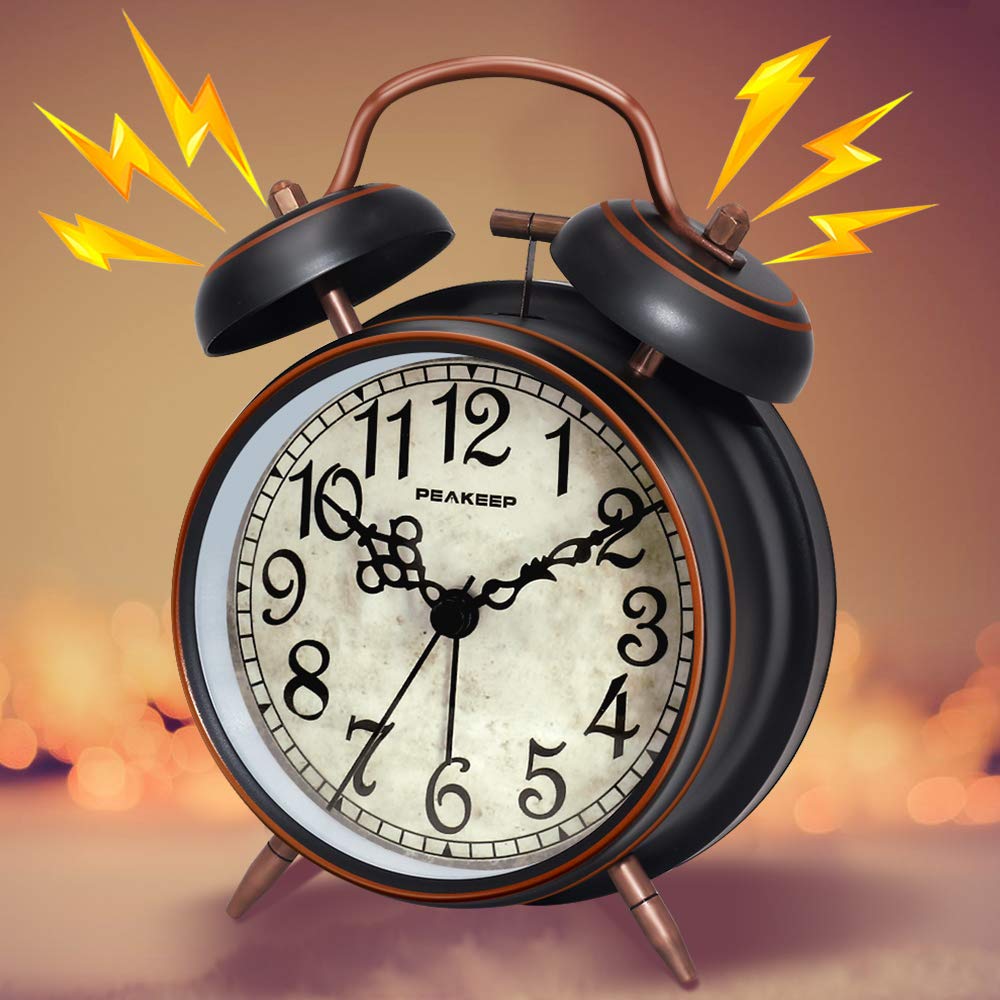 Peakeep Retro 4.5 inches Battery Operated Twin Bell Loud Alarm Clock (Black with Arabic)