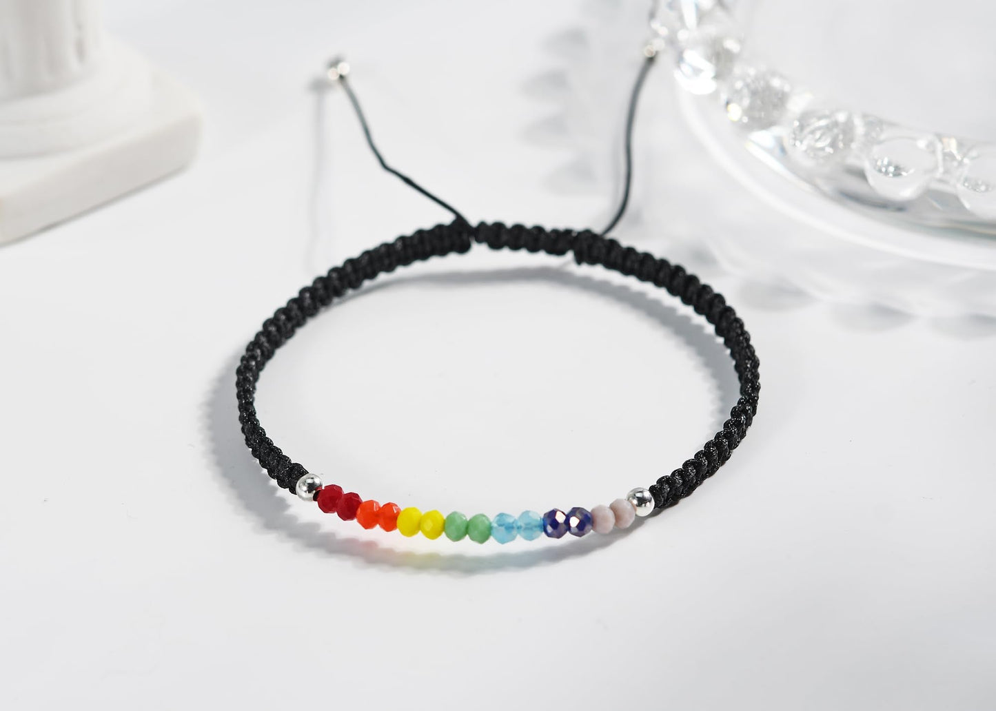 AeraVida Chakra Rainbow Healing Stone Bracelet for Couples | Adjustable 6-9 Inch Rope String Jewelry with Sterling Silver Accent for Men and Women (Black Rope)